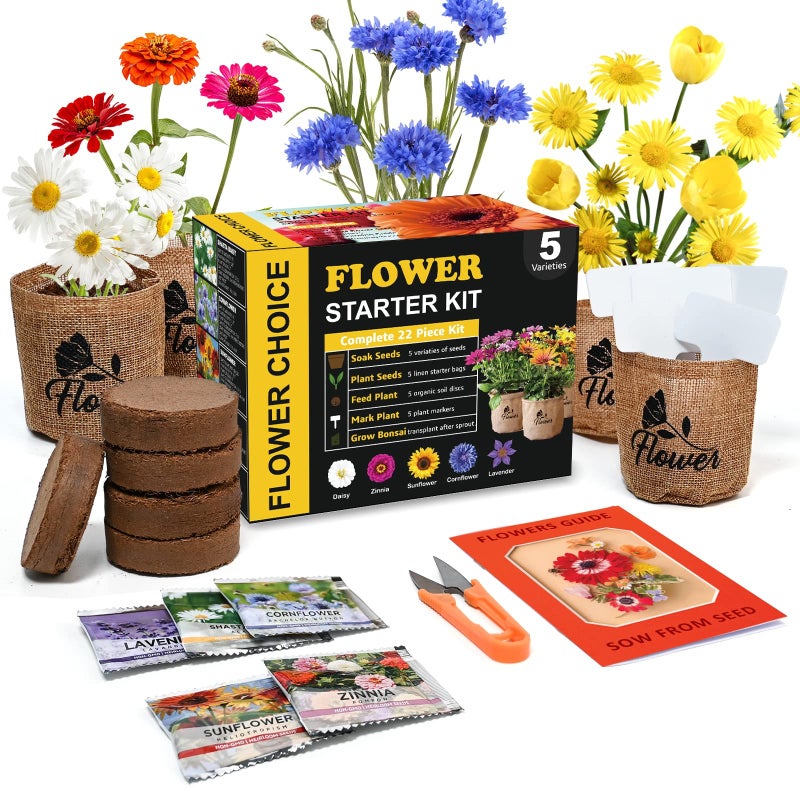 Meekear Indoor Daisy Garden Starter Kit with Gardening Tools - Jute Bags, Markers, Soil Disks and Shears, Home Gardening Gifts for Women Men Plant Lovers  - Image 1