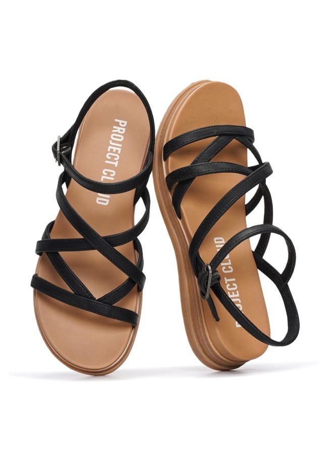 Project Cloud Wedge Sandals Women Footwear - Comfortable Soft & Plush Insole Boho Strappy Womens Sandals 2026 with Lightweight and Non-Slip Durable Oustole (NICE), Black, 9 - Image 1