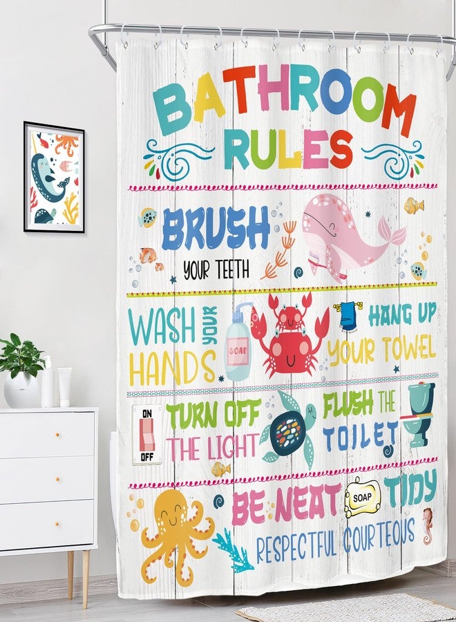 ريديكور ستارة حمام مرحة من رييديكور، مقاس 60 بوصة عرض × 72 بوصة ارتفاع، مزينة برسومات كرتونية ملونة لشخصيات بحرية، أسماك، حوت، وسلحفاة، مصنوعة من قماش بوليستر مقاوم للماء، مزودة بـ 12 خطافًا بلاستيكيًا. - Image 3