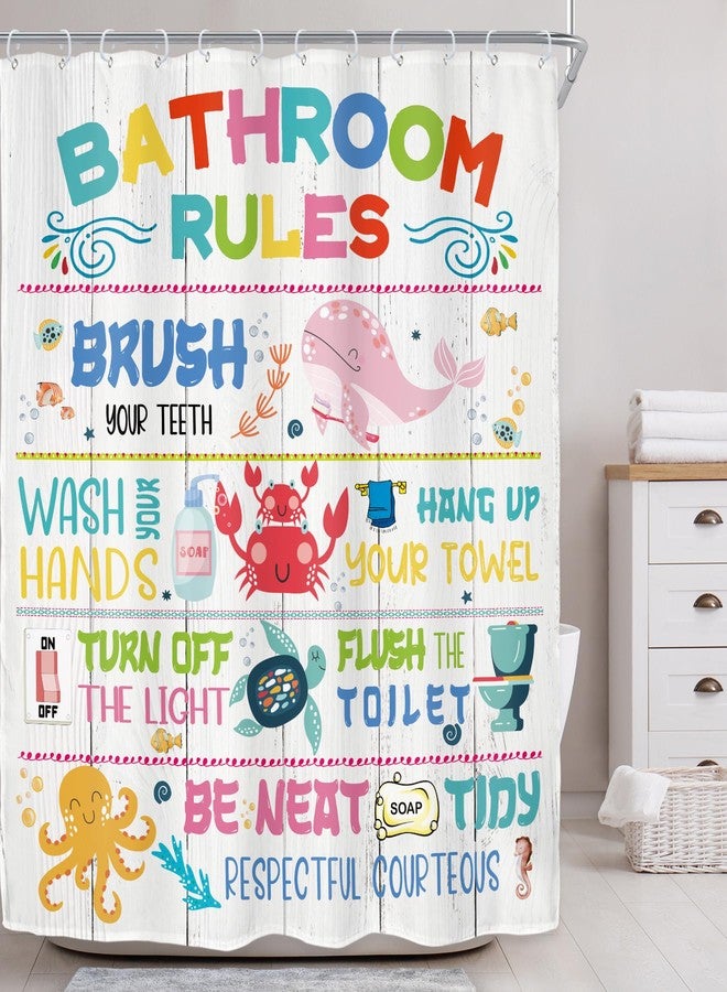 ريديكور ستارة حمام مرحة من رييديكور، مقاس 60 بوصة عرض × 72 بوصة ارتفاع، مزينة برسومات كرتونية ملونة لشخصيات بحرية، أسماك، حوت، وسلحفاة، مصنوعة من قماش بوليستر مقاوم للماء، مزودة بـ 12 خطافًا بلاستيكيًا. - Image 2