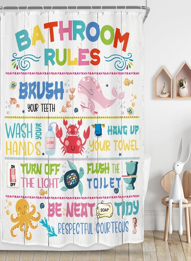 ريديكور ستارة حمام مرحة من رييديكور، مقاس 60 بوصة عرض × 72 بوصة ارتفاع، مزينة برسومات كرتونية ملونة لشخصيات بحرية، أسماك، حوت، وسلحفاة، مصنوعة من قماش بوليستر مقاوم للماء، مزودة بـ 12 خطافًا بلاستيكيًا. - Image 1