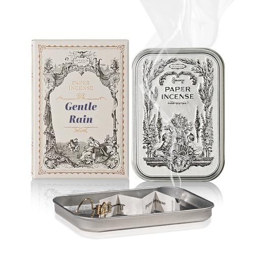OPTATUM Paper Incense - 48pcs with Vintage Tin Case, Burning Papers Infused with Natural Essential Oils, Quick Usage & Long-Lasting Fragrance, Eliminating Bathroom, Kitchen, Pet Odors - Gentle Rain - Image 1