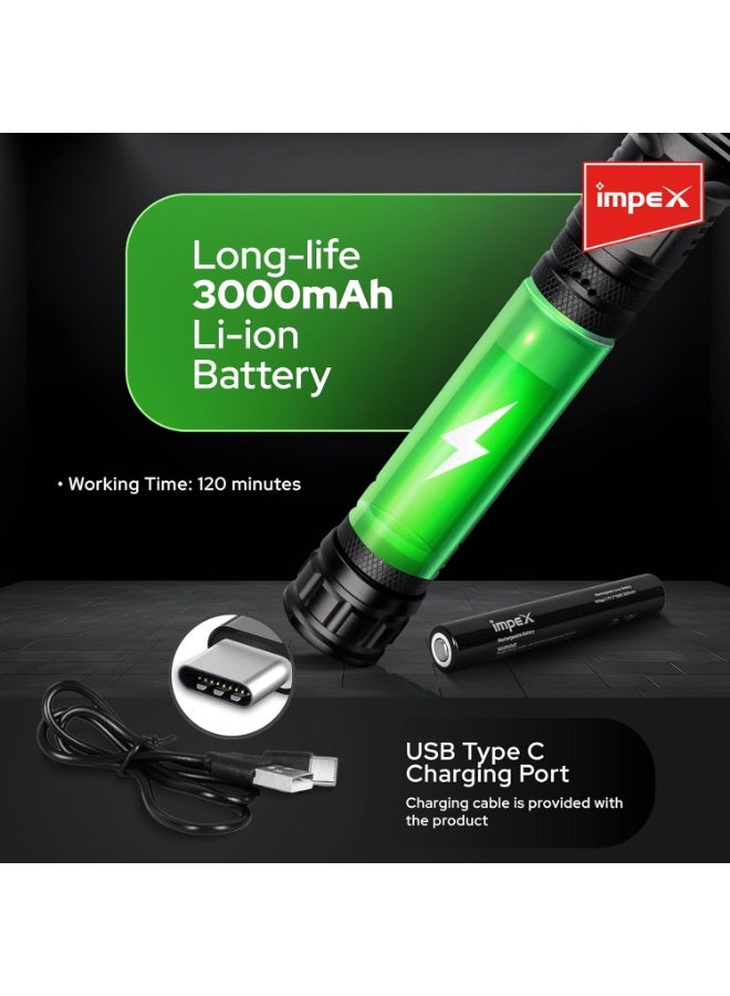 Impex Rechargeable 20W Laser LED Flashlight with 5 Mode Lighting | Unique Zoom Function | 2000 M Range | Torch Light | 3000 mAh Battery | 1 Year Warranty | Hunter Z2 - Image 3