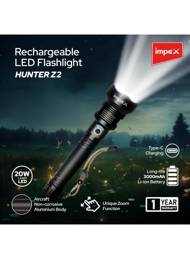 Impex Rechargeable 20W Laser LED Flashlight with 5 Mode Lighting | Unique Zoom Function | 2000 M Range | Torch Light | 3000 mAh Battery | 1 Year Warranty | Hunter Z2 - Image 2