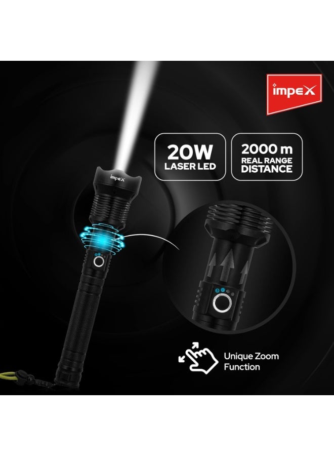 Impex Rechargeable 20W Laser LED Flashlight with 5 Mode Lighting | Unique Zoom Function | 2000 M Range | Torch Light | 3000 mAh Battery | 1 Year Warranty | Hunter Z2 - Image 4