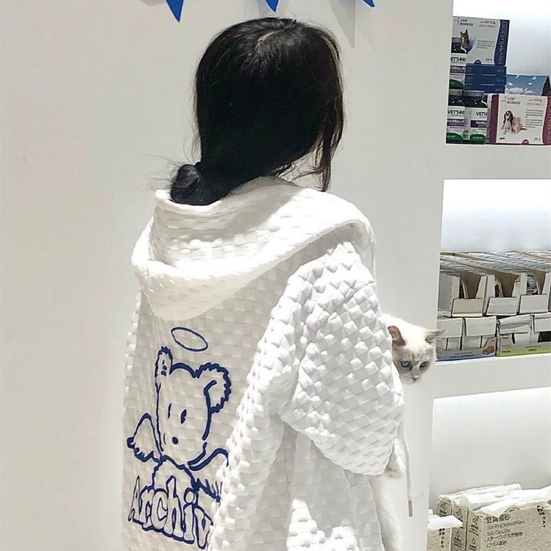 Korean Autumn Hoodie White Print Loose Long Sleeve Womens Cardigan 270-White  - Image 5