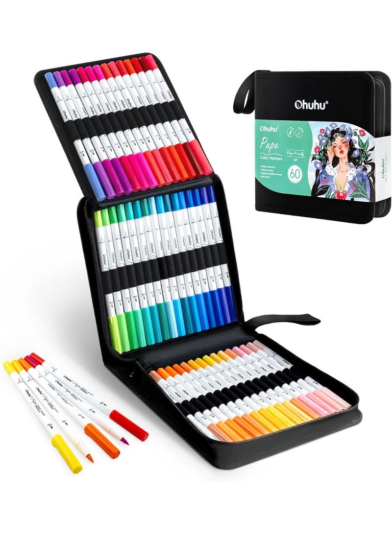 Ohuhu Markers Paper-friendly Water-based Coloring Markers 60 Colors Dual Brush Fine Tips Markers for Adult Coloring Books No Bleeding Art Markers - Image 1