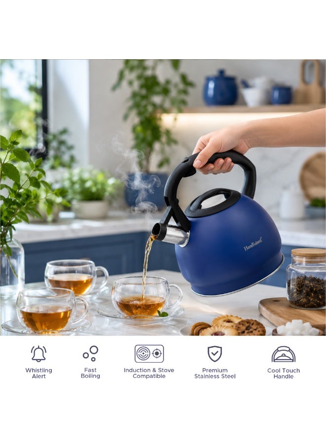 HausRoland Haus Roland Whistling Kettle, Stainless Steel Tea Kettle, 3 Liters, Whistling Teapot, Ergonomic Handle Teapot, Lid with Nylon Knob, Suitable For Induction and Gas., Full Matte Design (Blue) (Blue) - Image 4