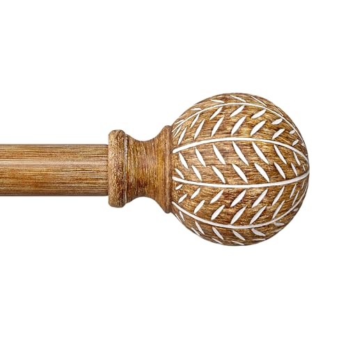 QDWIS Wood Curtain Rods for Windows 48 to 84 Inch,1'' Diameter Drapery Rods with Imitation Wood Grain Leaf Pattern Finials,Boho Adjustable Heavy Duty Curtain Rods Set,36-88'',Color:Natural Wood - Image 1