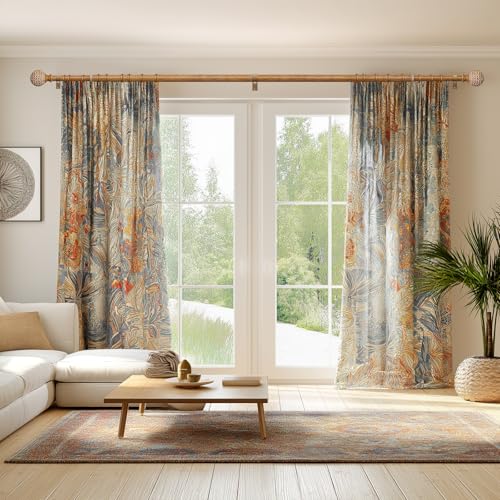 QDWIS Wood Curtain Rods for Windows 48 to 84 Inch,1'' Diameter Drapery Rods with Imitation Wood Grain Leaf Pattern Finials,Boho Adjustable Heavy Duty Curtain Rods Set,36-88'',Color:Natural Wood - Image 3