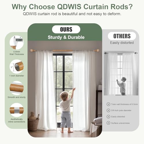 QDWIS Wood Curtain Rods for Windows 48 to 84 Inch,1'' Diameter Drapery Rods with Imitation Wood Grain Leaf Pattern Finials,Boho Adjustable Heavy Duty Curtain Rods Set,36-88'',Color:Natural Wood - Image 4