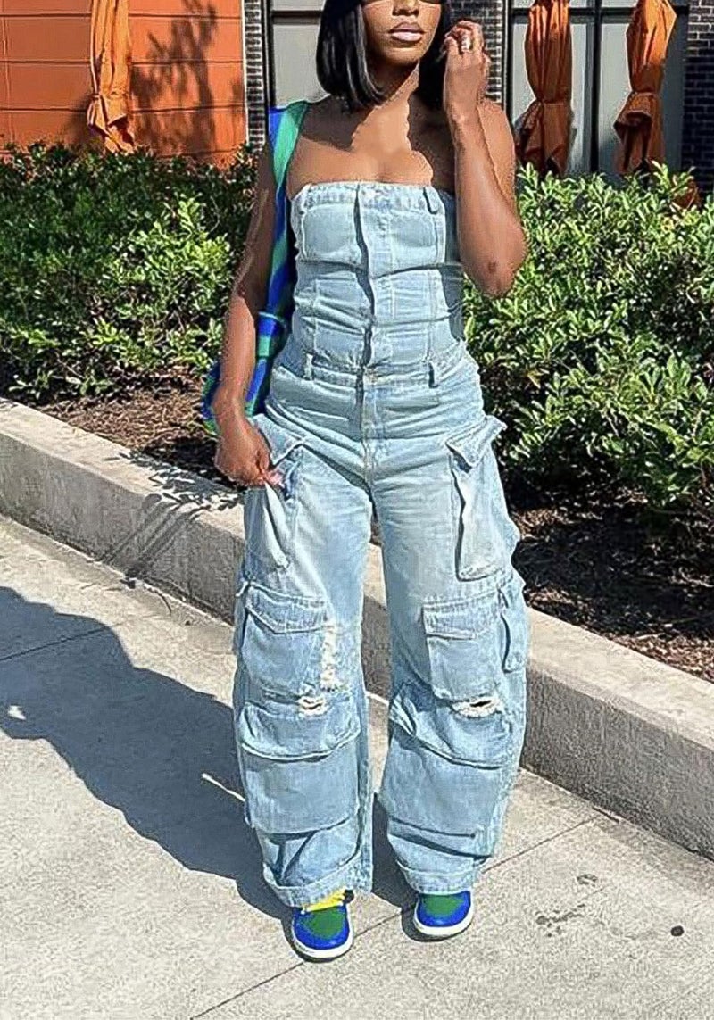 LKOUS Casual Cargo Denim Jumpsuit for Women, Elastic Stretch Multi Pockets Button Down Straight Leg Jeans Jumpsuits - Image 2