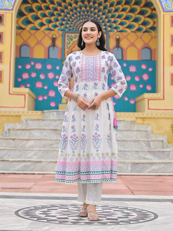 SHIFORY White Anarkali Round Neck 3/4 Sleeve 3 Pcs Anarkali Suit, Hand Work & Printed Cotton Kurti with Pant & Dupatta, Elegant for Ceremonies, Comfortable & Machine Washable - Image 4