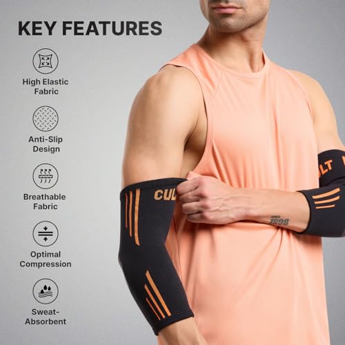 CULT Elbow Support Pair for Gym & Sports – Compression Elbow Band for Pain Relief & Injury Recovery – Non-Slip, Breathable, Sweat-Absorbent – For Men & Women, Black, Large - Image 3
