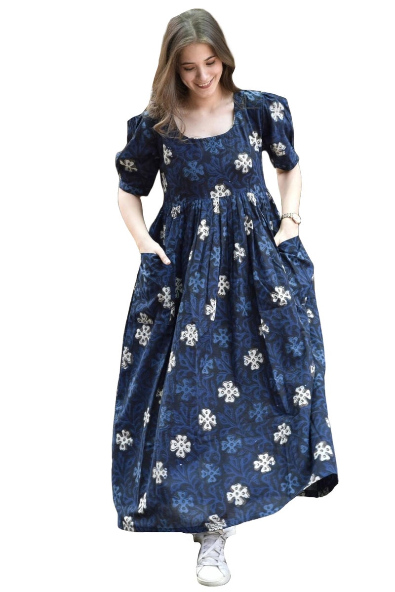 GoSriKi Women's Rayon Floral Printed Long Gown Maxi Dress (AAPTI BLUE-VKS01-GS_L_Blue_Large) - Image 1