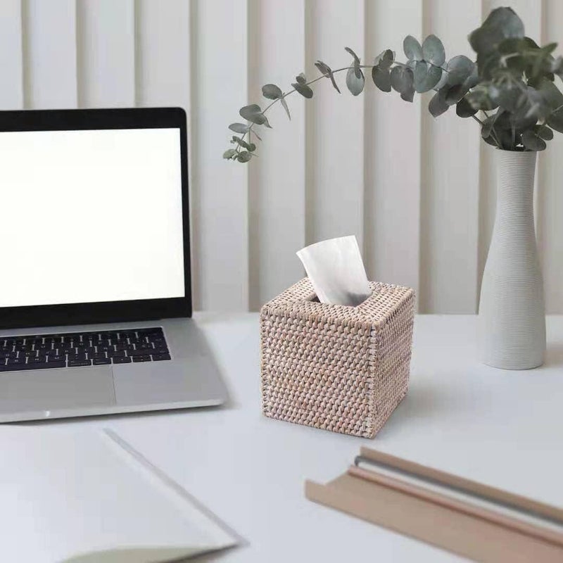 DECRAFTS Rattan Tissue Box Cover Natural Woven Facial Napkin Holder Square (White, 5.5x5.5x5.9 Inch) - Image 5