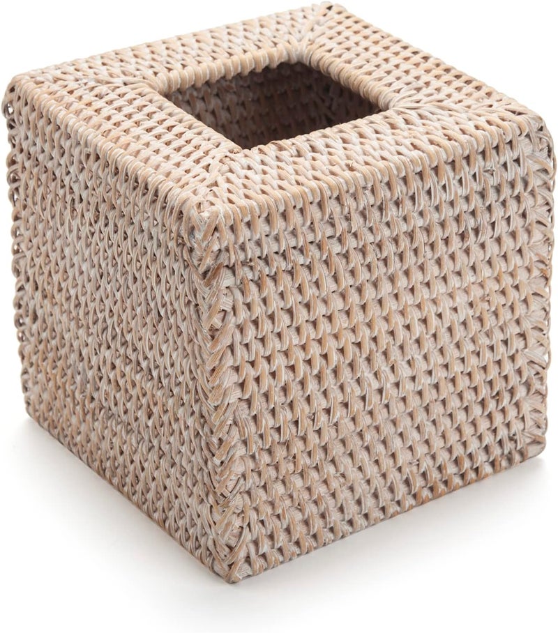 DECRAFTS Rattan Tissue Box Cover Natural Woven Facial Napkin Holder Square (White, 5.5x5.5x5.9 Inch) - Image 2