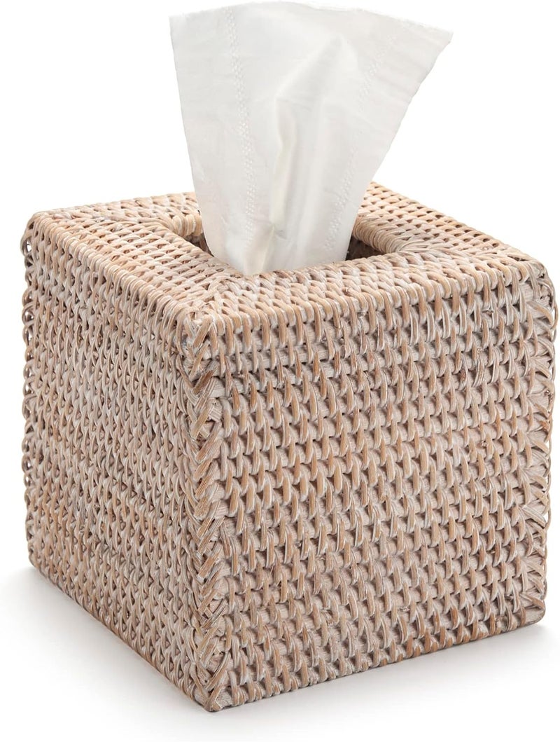 DECRAFTS Rattan Tissue Box Cover Natural Woven Facial Napkin Holder Square (White, 5.5x5.5x5.9 Inch) - Image 1