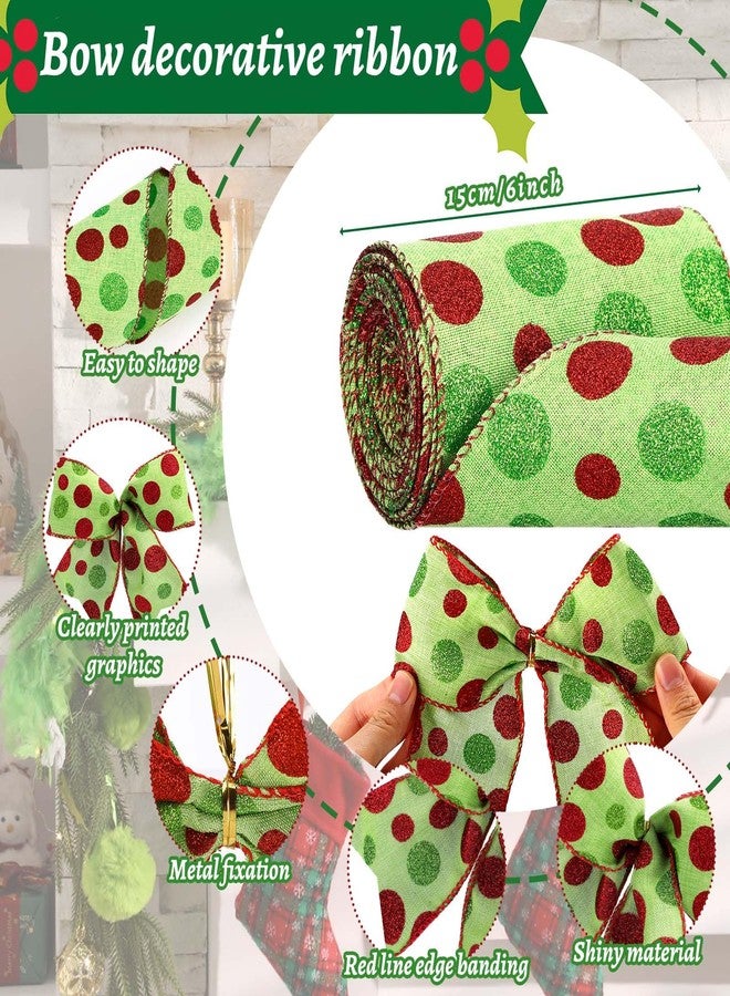 Janinka 12 Pcs Red Green Christmas Bows-6 Inch Lime Green Christmas Wreath Bows Xmas Tree Glitter Polka Dot Stripe Elf Candy Cane Burlap Ribbon Ornaments for Garland Wedding Home Party (2 Style - Image 3