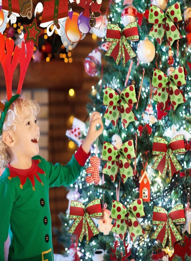 Janinka 12 Pcs Red Green Christmas Bows-6 Inch Lime Green Christmas Wreath Bows Xmas Tree Glitter Polka Dot Stripe Elf Candy Cane Burlap Ribbon Ornaments for Garland Wedding Home Party (2 Style - Image 4