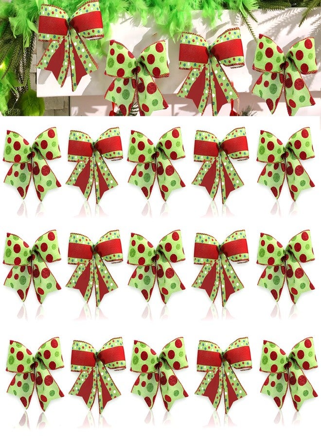 Janinka 12 Pcs Red Green Christmas Bows-6 Inch Lime Green Christmas Wreath Bows Xmas Tree Glitter Polka Dot Stripe Elf Candy Cane Burlap Ribbon Ornaments for Garland Wedding Home Party (2 Style - Image 1