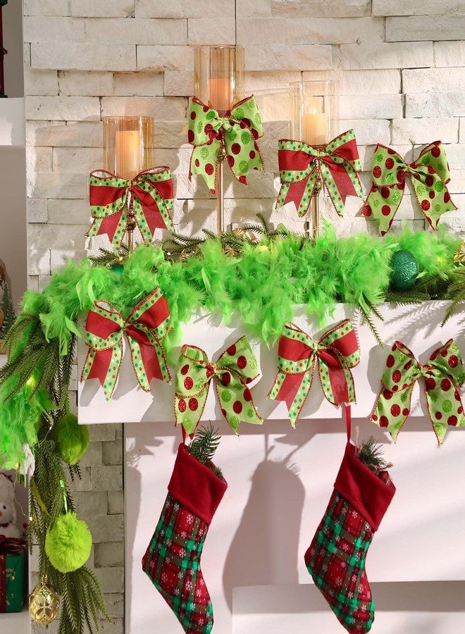 Janinka 12 Pcs Red Green Christmas Bows-6 Inch Lime Green Christmas Wreath Bows Xmas Tree Glitter Polka Dot Stripe Elf Candy Cane Burlap Ribbon Ornaments for Garland Wedding Home Party (2 Style - Image 5