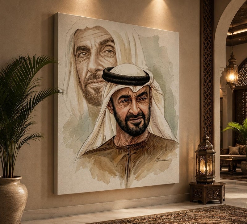 ARS Sheikh Mohamed bin Zayed Canvas Wall Art, UAE Flag, The Royal Legacy Generational Portrait Painting, Luxury UAE& President Fine Art Print for Executive Office, Premium Gallery Canvas - Image 2