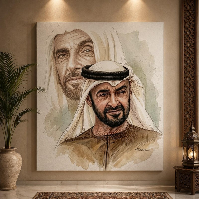 ARS Sheikh Mohamed bin Zayed Canvas Wall Art, UAE Flag, The Royal Legacy Generational Portrait Painting, Luxury UAE& President Fine Art Print for Executive Office, Premium Gallery Canvas - Image 1