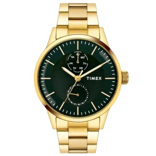 TIMEX Analog Watch for Man with Green Round Dial & Gold Stainless Steel Bracelet Band Water Resistant Men's Wrist Watches - TWEG19939 - Image 1