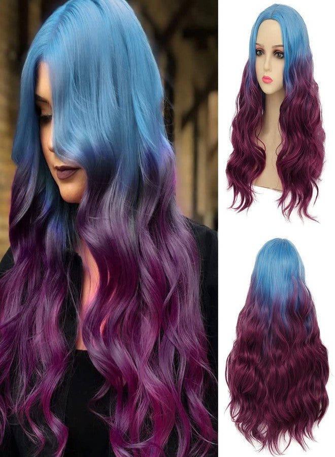 Dai Cloud Long Purple Wigs for Women Curly Wavy Tow Color Middle Part Synthetic Hair for Halloween Cosplay Party Costume Use(Blue Ombre Purple) - Image 1
