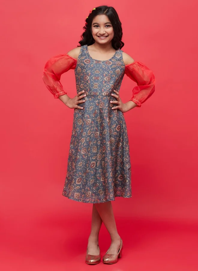 AKS Grey Ethnic Motifs Printed A-Line Dress for Girls