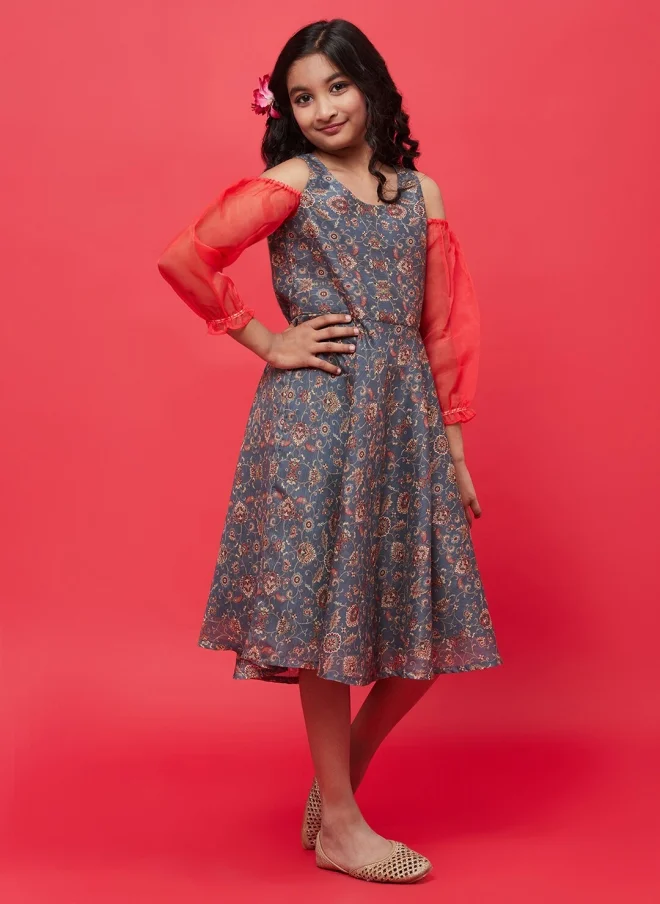 أيه كيه إس Grey Ethnic Motifs Printed A-Line Dress for Girls