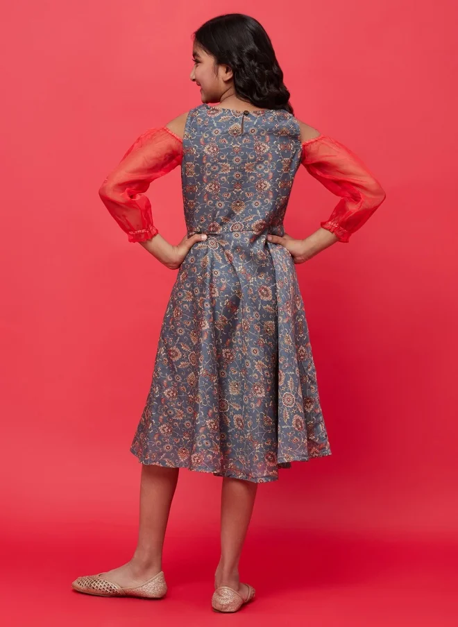 أيه كيه إس Grey Ethnic Motifs Printed A-Line Dress for Girls