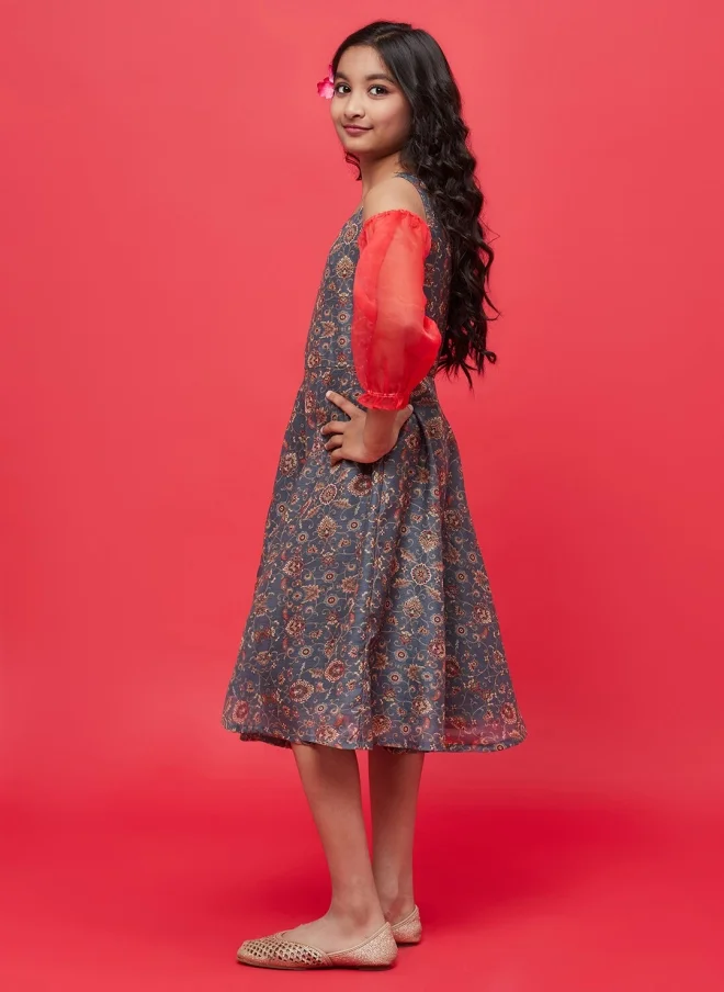 أيه كيه إس Grey Ethnic Motifs Printed A-Line Dress for Girls
