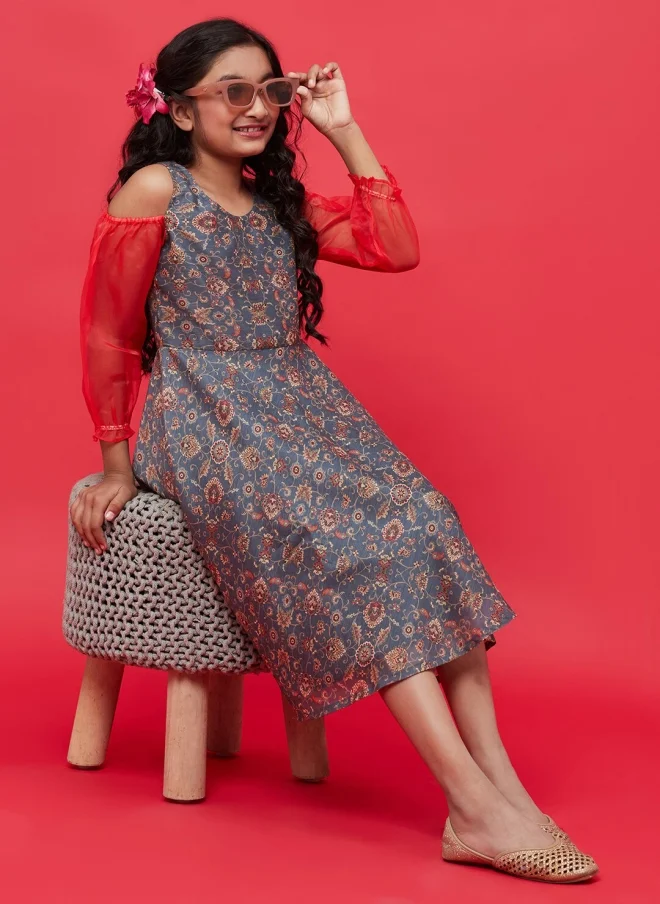 أيه كيه إس Grey Ethnic Motifs Printed A-Line Dress for Girls