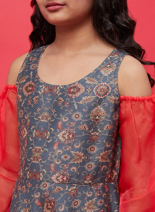 AKS Grey Ethnic Motifs Printed A-Line Dress for Girls