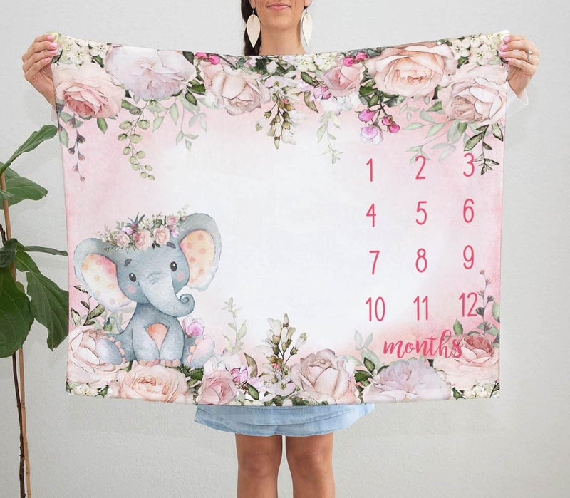 Popfavors Yuzioey Baby Girl Monthly Milestone Blanket Floral Elephant Month Blanket for Newborn Baby Shower Pink Elephant Girl Flower Blanket Growth Chart Monthly Blanket Includes Marker 50x40 - Image 2