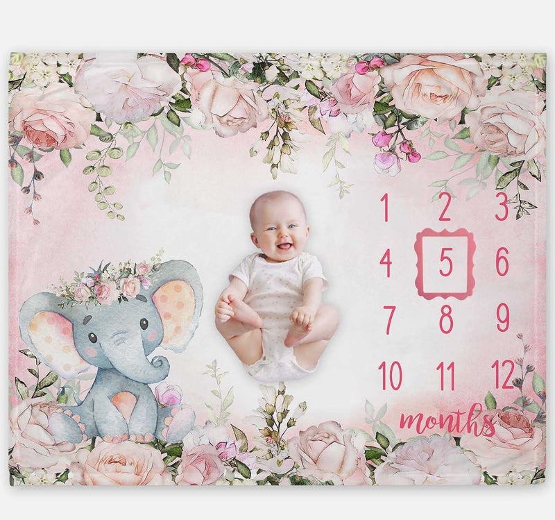 Popfavors Yuzioey Baby Girl Monthly Milestone Blanket Floral Elephant Month Blanket for Newborn Baby Shower Pink Elephant Girl Flower Blanket Growth Chart Monthly Blanket Includes Marker 50x40 - Image 1