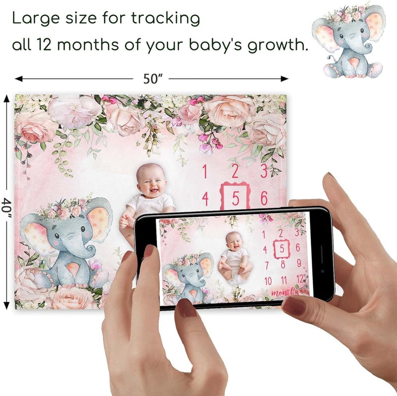 Popfavors Yuzioey Baby Girl Monthly Milestone Blanket Floral Elephant Month Blanket for Newborn Baby Shower Pink Elephant Girl Flower Blanket Growth Chart Monthly Blanket Includes Marker 50x40 - Image 3