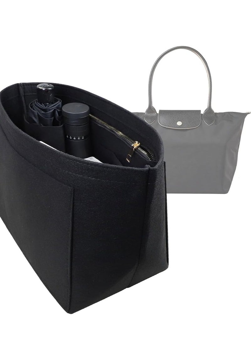 Meishida - Felt Bag Organizer Insert, Handbag Base Shaper with Multi-Pocket Zipper, Handbag Insert for Travel and Daily Use (Black Large) - Image 1