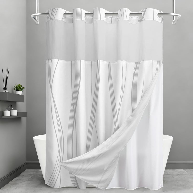 TWLSNCD No Hook Shower Curtain and Liner Set, Grey Striped Shower Curtains with Snap in Fabric Liner, Hotel Ringless Waterproof Washable with See Through Top Window, 71" x 74" - Image 1