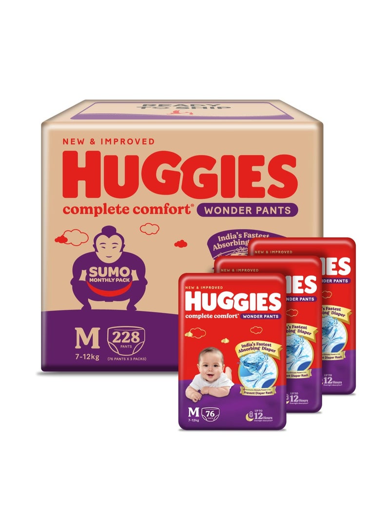 Huggies Complete Comfort Wonder Pants | Pant Style Baby Diapers Medium Size (M), 228 Count | India's Fastest Absorbing Diaper, Prevents Diaper Rash, Ideal for 7 to 12 Kgs (76 Count, Pack of 3) - Image 1