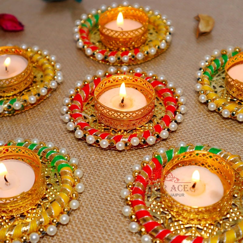 JAIPUR ACE Jaipur Ace Decorative Diwali Tealight Diya Traditional Handmade Pearl Ring TealightDiyaCandles Set for Home Decoration Diya for Diwali Ganesh Chaturthi Laxmi Pooja Set of 6  - Image 5