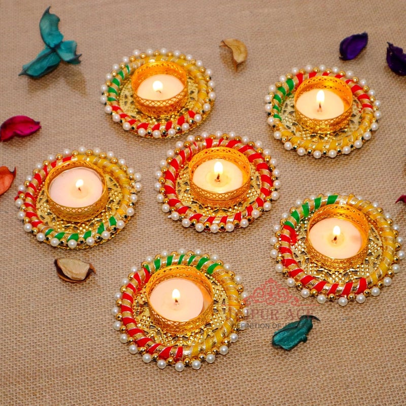 JAIPUR ACE Jaipur Ace Decorative Diwali Tealight Diya Traditional Handmade Pearl Ring TealightDiyaCandles Set for Home Decoration Diya for Diwali Ganesh Chaturthi Laxmi Pooja Set of 6  - Image 1