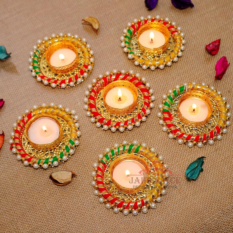 JAIPUR ACE Jaipur Ace Decorative Diwali Tealight Diya Traditional Handmade Pearl Ring TealightDiyaCandles Set for Home Decoration Diya for Diwali Ganesh Chaturthi Laxmi Pooja Set of 6  - Image 3