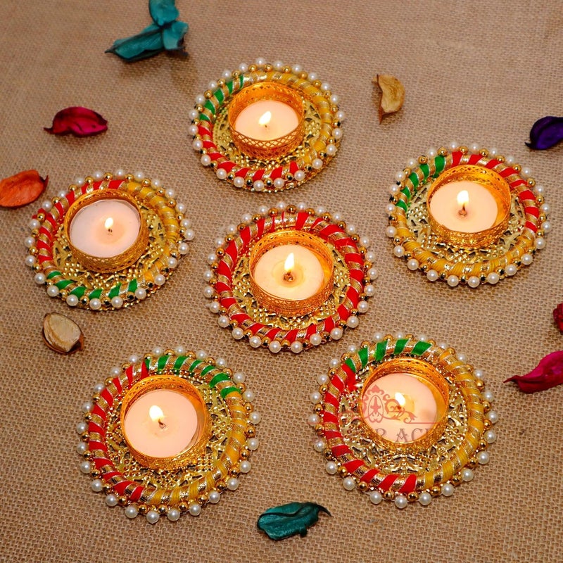 JAIPUR ACE Jaipur Ace Decorative Diwali Tealight Diya Traditional Handmade Pearl Ring TealightDiyaCandles Set for Home Decoration Diya for Diwali Ganesh Chaturthi Laxmi Pooja Set of 6  - Image 4