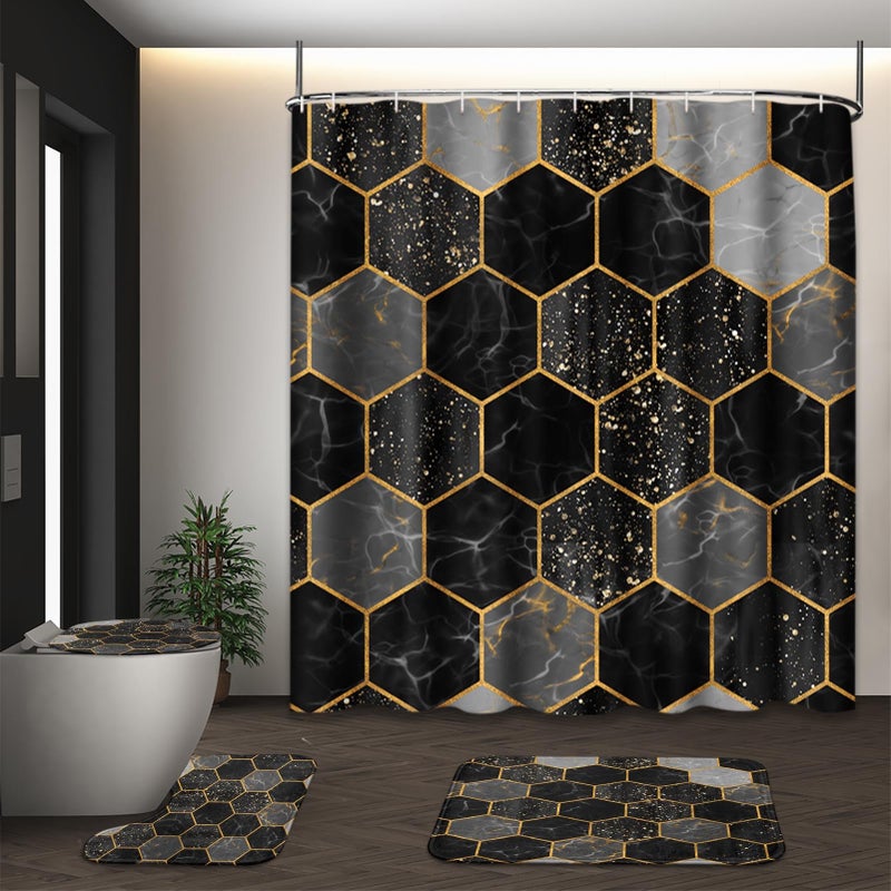 Tayney Marble Shower Curtain Set with Toilet Lid Cover and NonSlip Rugs Black Gold Hexagon Geometric 4 Pcs Shower Curtain with 12 Hooks Modern Abstract Bathroom Set with Rugs and Accessories