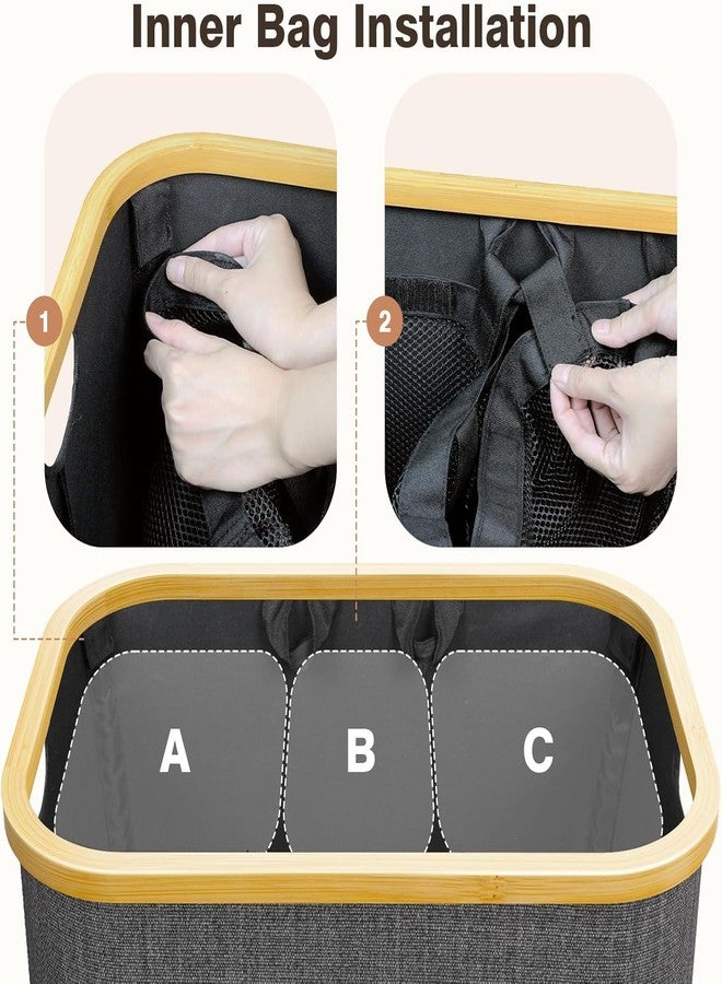 Bathola سلة غسيل بغطاء، سعة 160 لتر، كبيرة جدًا، 3 أقسام، منظم ملابس مقسم لغرفة النوم، غرفة الغسيل، سلة ملابس متسخة، رمادي - Image 2