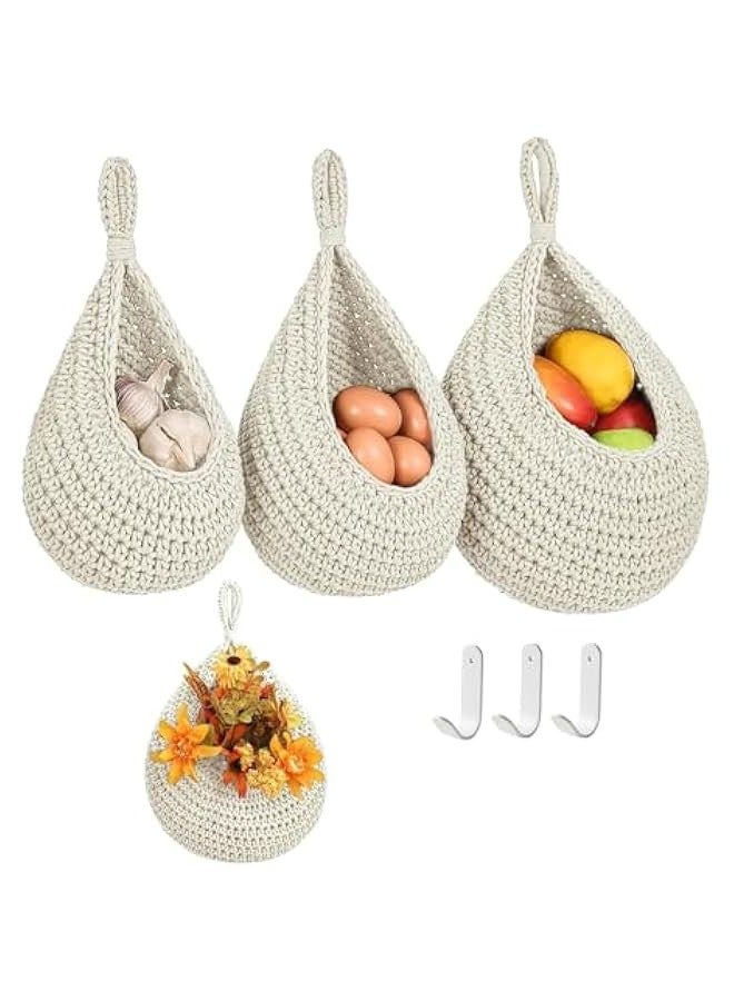 TRASSLE Hanging Baskets,3 Pcs Boho Wall Hanging Fruit Baskets for Kitchen,Woven Produce Holder with Strong Hooks Vegetable Hanging Basket for Organizing Teardrop Home Wall Potato Onion Storage  - Image 1