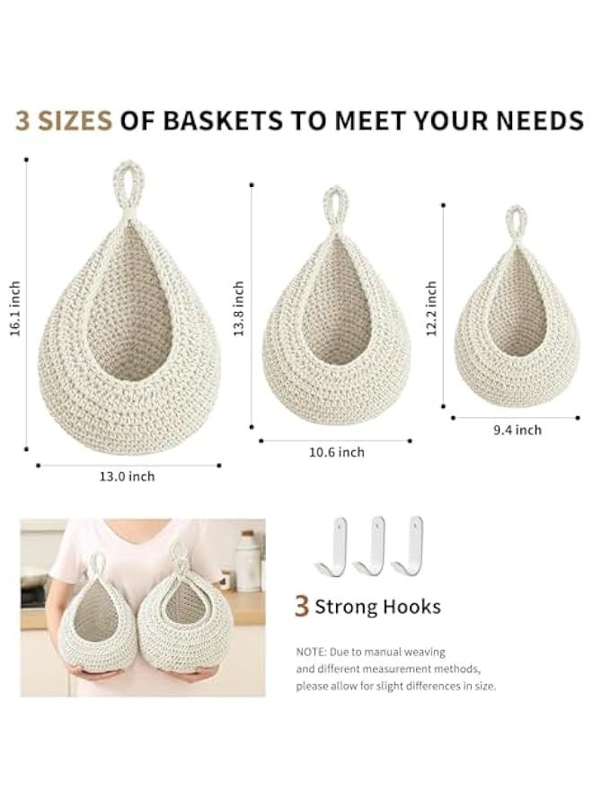 TRASSLE Hanging Baskets,3 Pcs Boho Wall Hanging Fruit Baskets for Kitchen,Woven Produce Holder with Strong Hooks Vegetable Hanging Basket for Organizing Teardrop Home Wall Potato Onion Storage  - Image 2